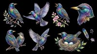 Colorful iridescent starling birds clipart set, isolated on transparent background. Includes perching, flying poses, nest with eggs, feather. Great for t-shirt design, stickers, print on demand.