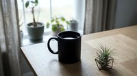 Black coffee mug on wooden desk with air plant and houseplants by window creating cozy morning workspace atmosphere for productivity and relaxation.