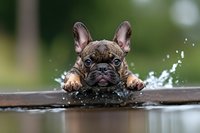 Adorable French bulldog puppy splashing in water with paws on wooden edge, creating playful water droplets in natural outdoor setting.