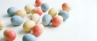 Colorful pastel Easter eggs scattered on white background with soft natural lighting for spring holiday celebrations and seasonal decorating projects.