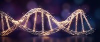 Golden DNA double helix structure with glowing particles on purple background for medical research and biotechnology presentations.