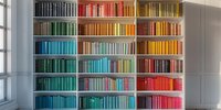 Colorful books arranged by spectrum colors on white bookshelf, creating rainbow pattern in modern home library. Natural light from window illuminates organized collection.
