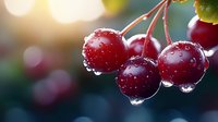 Fresh ripe cherries with water drops on dark green bokeh background, macro photography with soft natural lighting and morning dew effect.