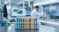 Male scientist in white lab coat working with colorful chemical samples in test tubes at modern laboratory workstation with advanced equipment and computers.