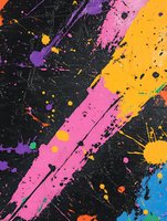 Vibrant paint splashes and diagonal stripes in pink, purple, orange and blue create dynamic abstract composition on black textured background for modern art prints.