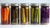 Colorful pickled vegetables in glass mason jars arranged in rainbow order. Carrots, cucumbers and other preserved produce with spices and brine for fermentation.