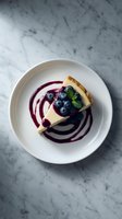 Gourmet cheesecake slice with fresh blueberries and berry sauce on white plate over marble surface for restaurant menu and culinary photography.