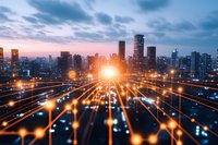 Digital network lines radiating across modern city skyline at sunset, glowing connection points illustrate smart technology and urban connectivity concept.