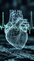 Digital heart with circuit board patterns and glowing blue light effects on dark background with heartbeat monitor lines for medical technology concepts.