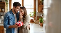 Young Caucasian couple sharing romantic moment with red gift box in modern kitchen, man surprising woman with present for anniversary or holiday celebration.