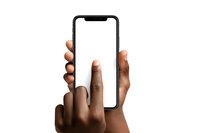 Hand holding modern smartphone with blank white screen isolated on white background for mobile app mockup and digital presentation.