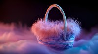 Decorative woven basket with fluffy fur trim illuminated by vibrant neon pink and blue lights against dark background with mystical fog effect.