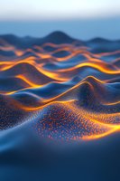 Abstract digital waves with glowing orange light flowing through blue particle landscape, creating dynamic flowing terrain with illuminated dots and curves.