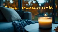 Cozy autumn evening atmosphere with glowing scented candle on table near window, warm knit blanket on sofa, and bokeh lights in background creating peaceful ambiance.