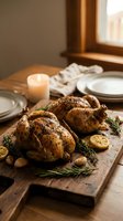 Roasted whole chickens with herbs and lemon on wooden cutting board in warm kitchen setting with candle and plates for holiday dinner preparation.