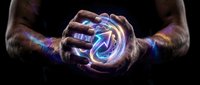 Male hands cupping glowing blue energy orb with swirling light effects against dark background for fantasy and supernatural concepts.