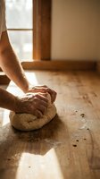 Baker hands kneading fresh dough on wooden table in warm sunlit kitchen. Traditional bread making process with flour dust and natural lighting.