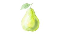Fresh green pear with leaf isolated on white background, watercolor style fruit illustration for healthy eating and organic food concepts.