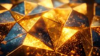Golden geometric crystal structure with glowing light effects and sparkles creates luxurious abstract background pattern with dramatic shadows and depth.