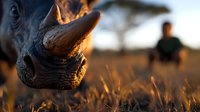Close-up of rhinoceros nose with glowing sparks and silhouette of African safari guide in background during golden hour sunset in savanna grassland.