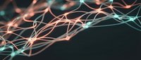 Abstract network connections with glowing nodes and flowing lines in coral and teal colors on dark background for technology and digital concepts.