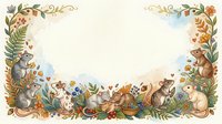 Woodland animals frame with squirrels, rabbits and forest creatures in watercolor style on cream background for autumn seasonal designs.