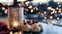 Glowing decorative lantern with bokeh lights and traditional Asian dumplings on table, creating cozy festive atmosphere for celebration or holiday dining.