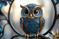 Decorative blue and gold owl figurine with intricate feather pattern and large expressive eyes perched on branch against soft blurred background. Ornamental home decor piece.