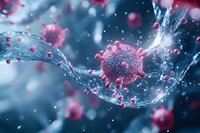 Microscopic view of pink virus particles floating in blue liquid with dynamic water splash effect and scattered molecular structures in scientific visualization.
