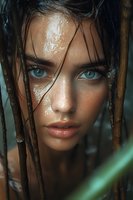 Young woman with wet hair and blue eyes surrounded by tropical plants in natural jungle environment for adventure and travel concepts.