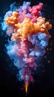 Vibrant explosion of colorful smoke with orange sparks against dark background, featuring blue, pink, and peach swirling clouds in dramatic upward motion.