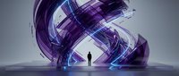 Abstract purple and blue glowing geometric structure with silhouetted figure standing before it, representing innovation, technology, and future vision for corporate and design projects.