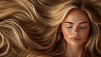 Young woman with flowing blonde wavy hair and natural makeup in warm golden tones against dark background, eyes closed in serene expression.