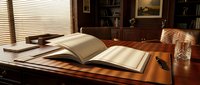 Open book on wooden desk with warm sunlight streaming through blinds creating shadows in cozy home office library study room for reading and learning.