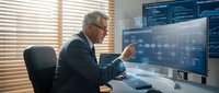 Senior Caucasian businessman analyzing financial data on multiple computer monitors in modern office environment for business analytics and trading.
