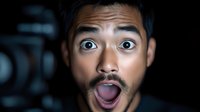 Young Asian man with mustache expressing extreme surprise with wide open eyes and mouth against dark background. Dramatic lighting emphasizes facial expression.