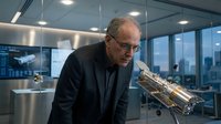 Senior male professional with gray hair and glasses examining advanced satellite or spacecraft model in modern high-rise office with city skyline view, representing aerospace engineering, technology innovation, and corporate research development.