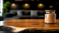 Rustic wooden table with live edge slab and glass jar on dark background. Natural wood grain texture and warm lighting create cozy minimalist composition.