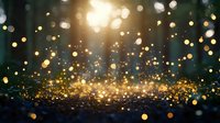 Magical golden sparkles and glowing particles rising from dark surface with bokeh light effect in mysterious forest atmosphere. Festive holiday background.