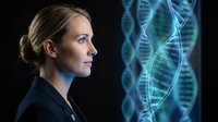 Woman scientist in profile examining glowing DNA helix structure, representing genetic research, biotechnology, and molecular biology applications for scientific and medical education.