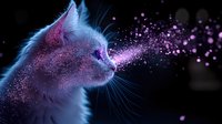 White cat profile with magical glowing purple particles and sparkles emanating from nose against dark background, creating ethereal fantasy atmosphere.