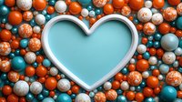 Heart shaped frame surrounded by vibrant orange, white and turquoise spheres creating festive border on blue background, romantic holiday design element.