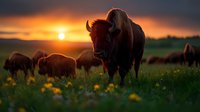 Majestic American bison grazing in wildflower meadow at golden sunset, silhouetted against dramatic orange sky. Herd of buffalo in natural grassland habitat.