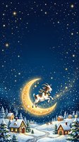 Magical reindeer leaping over glowing crescent moon above snowy winter village with twinkling stars, evergreen trees, and illuminated cottages. Perfect for holiday greeting cards and seasonal designs.