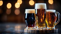 Different types of craft beer served in various glasses on wooden board against blurred warm lights background, fresh foam and bubbles in golden lager.