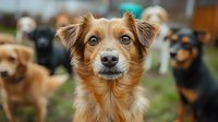 Brown and white mixed breed dog with bright blue eyes looking directly at camera, other dogs blurred in background. Close up portrait showing attentive expression.