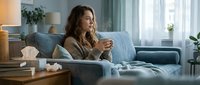 Woman with long brown hair, Caucasian ethnicity, sitting on blue sofa in modern living room, holding warm beverage, contemplative expression, daytime indoor setting with natural light from windows.