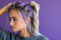 Young woman with trendy platinum blonde and purple pastel hair in profile view against purple background, wearing casual grey top, modern beauty portrait.