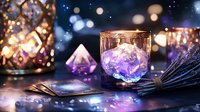 Mystical arrangement with glowing crystal in glass holder, tarot cards and lavender on dark table against blurred lights background. Spiritual divination concept.