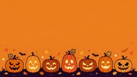 Carved jack-o-lantern pumpkins with glowing faces, bats, and autumn leaves on orange background. Halloween decoration for seasonal designs and festive projects.
